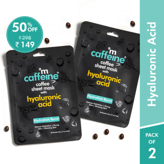 MCaffeine Hyaluronic Acid Face Sheet Masks with Coffee for Glowing Skin & 24h Hydration - Pack of 2