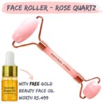 Natural Vibes Rose Quartz Roller & Massager with FREE Gold Beauty Elixir Oil for Face, Neck and Under Eye