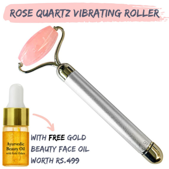 Natural Vibes Rose Quartz Vibrating Roller With FREE Gold Beauty Elixir Oil